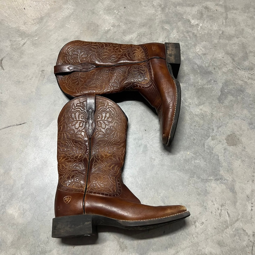 Ariat Women Brown Leather Floral Embossed Square Toe Western Boots 10019905 8.5B